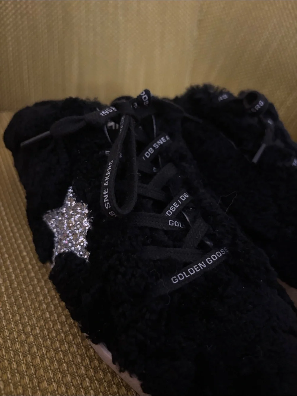 Golden Goose Black Fuzzy Star Slip-Ons with Silver Glitter Accent